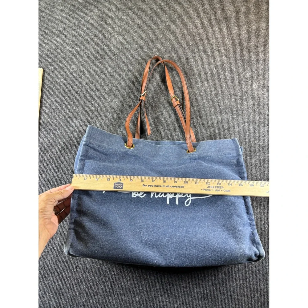 Blue Canvas Be‎ Happy Graphic Tote Bible Bag with Removable Pink Felt Organizer